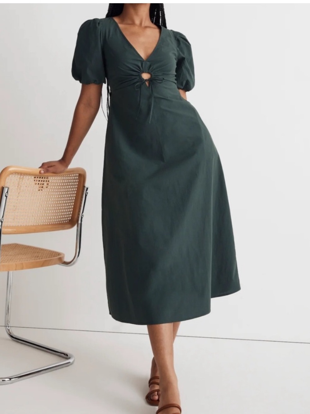 Madewell Dark Green Poplin Cutout Midi Dress with Puff Sleeves Size 8